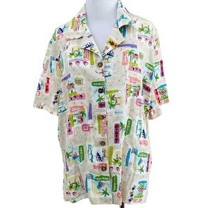 Vintage Peter Popovitch Large Shirt Beach Print Button Up Short Sleeve Ivory Tan